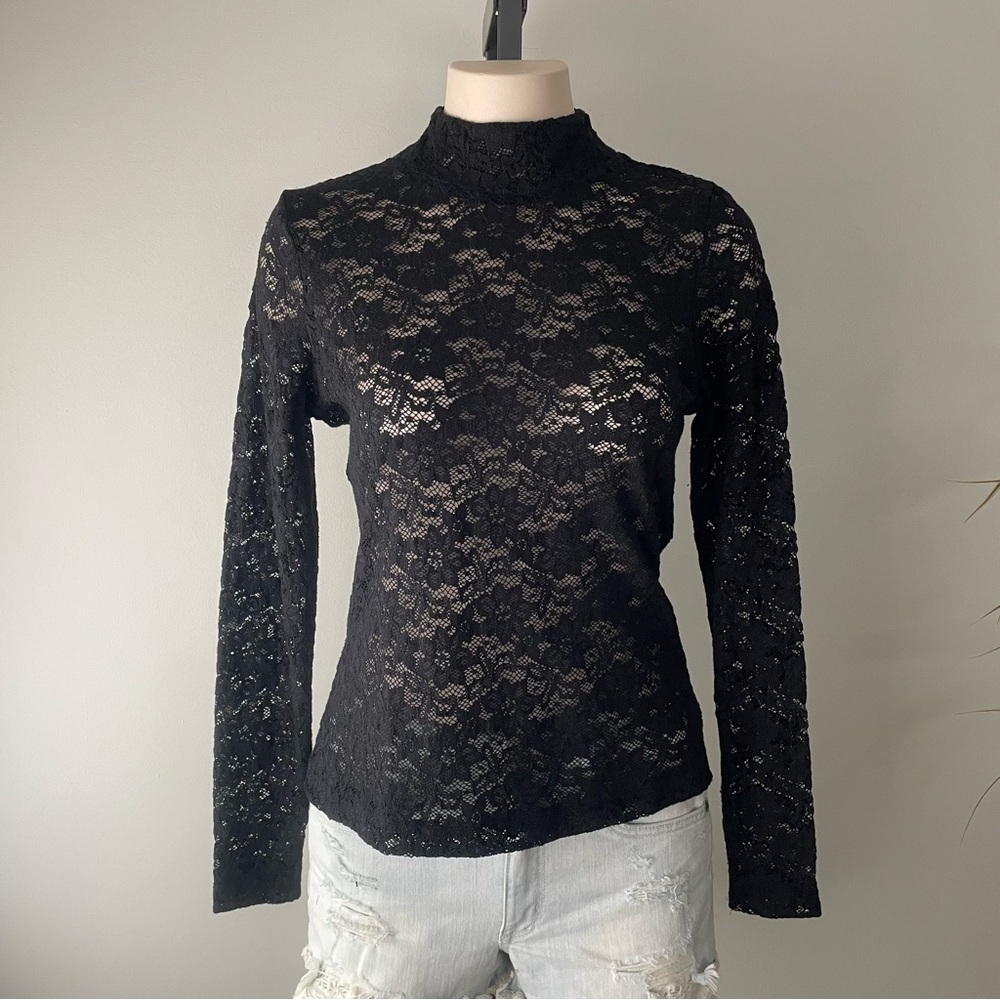 H&M Lace High Neck Long Sleeve Top Blouse Goth Gothic Sheer Black Size Small